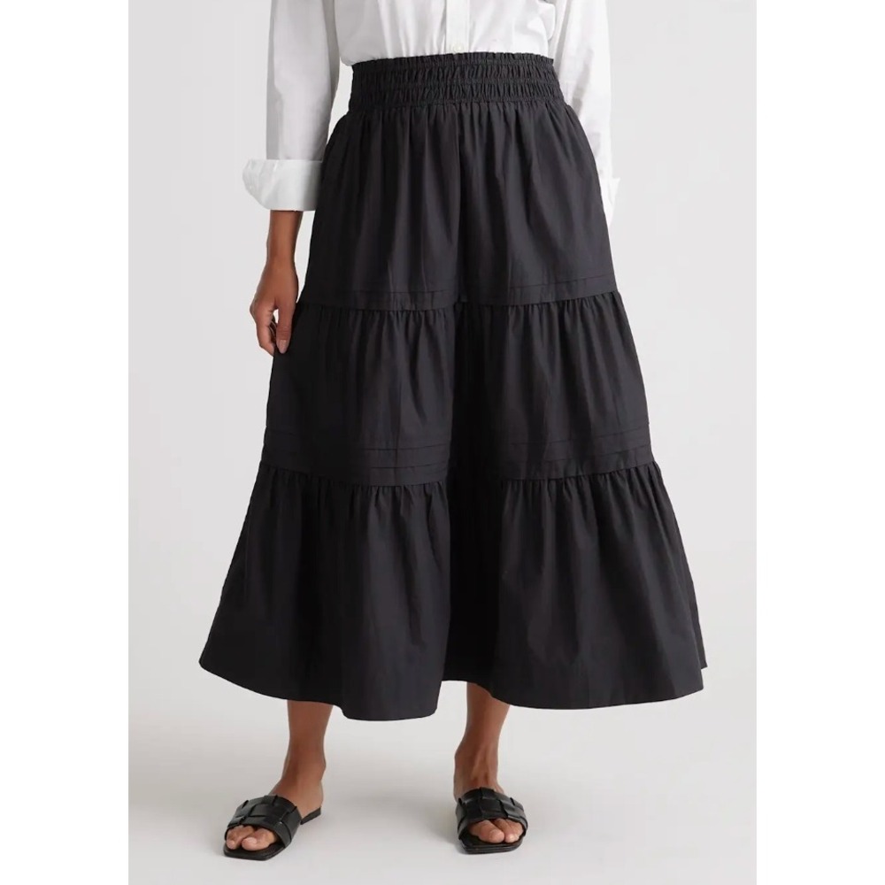 Quince Tiered Maxi Skirt Womens M Black Organic Cotton Poplin Smocked Waist Boho